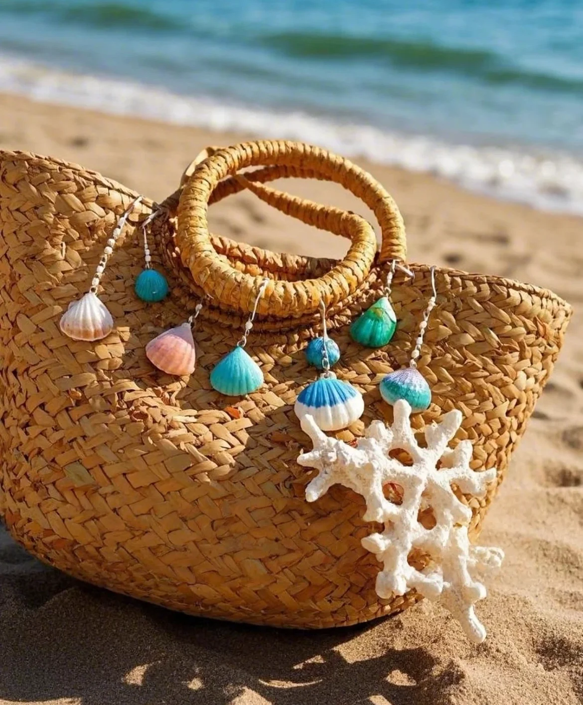 Woven beach bag with round handles, decorated with colorful seashells and coral, placed on sandy beach by the sea.