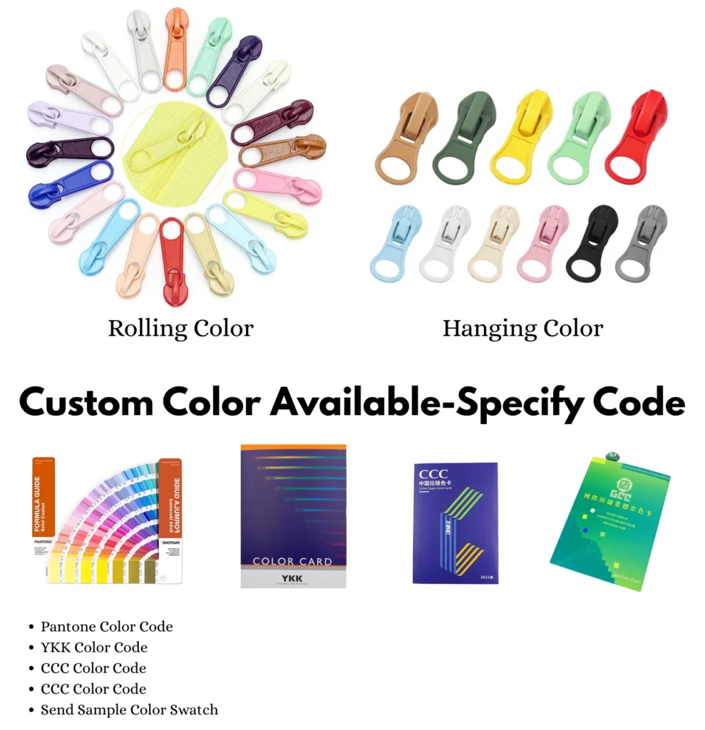 Zipper color chart featuring rolling and hanging colors with custom color code options like Pantone and YKK.