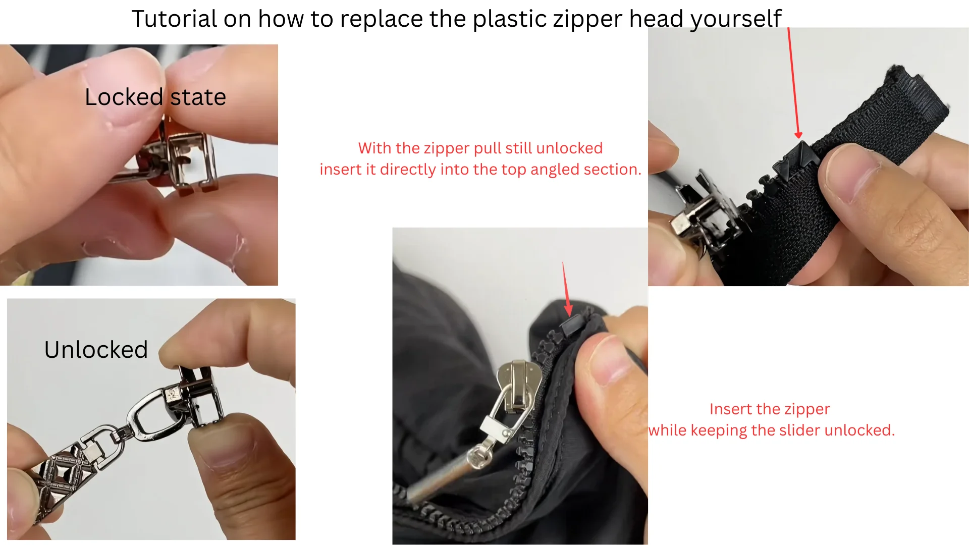 Hand demonstrating how to replace a plastic zipper head with text instructions on unlocking and inserting the zipper.