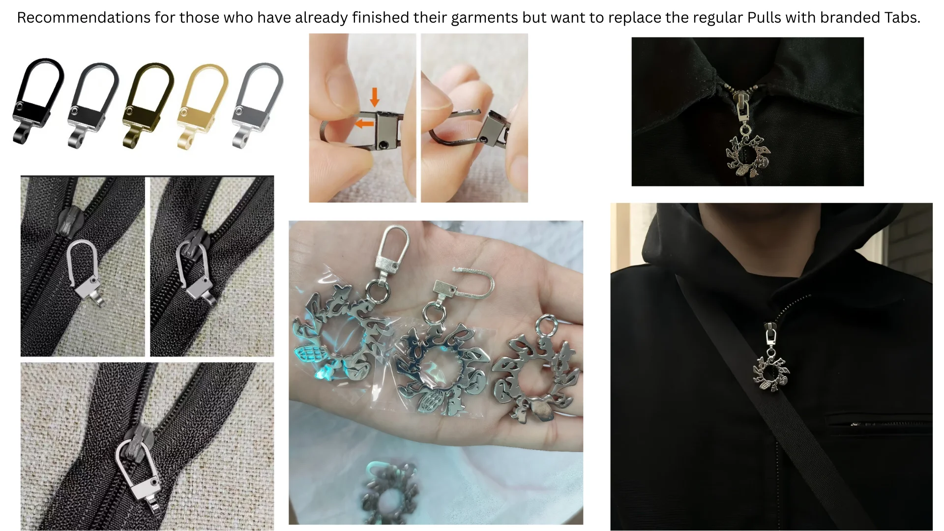 Various zipper pulls and tabs for garment replacement, including branded options, being demonstrated on zippers and clothing.