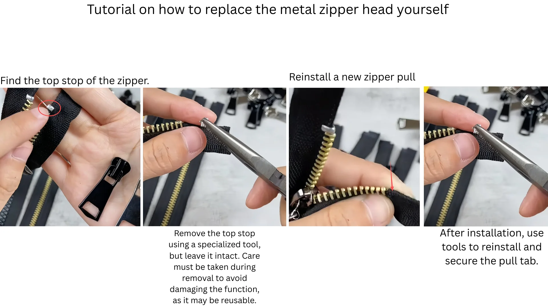 Hands demonstrating how to replace a metal zipper head using pliers, showing the removal and reinstallation process on a black zipper.