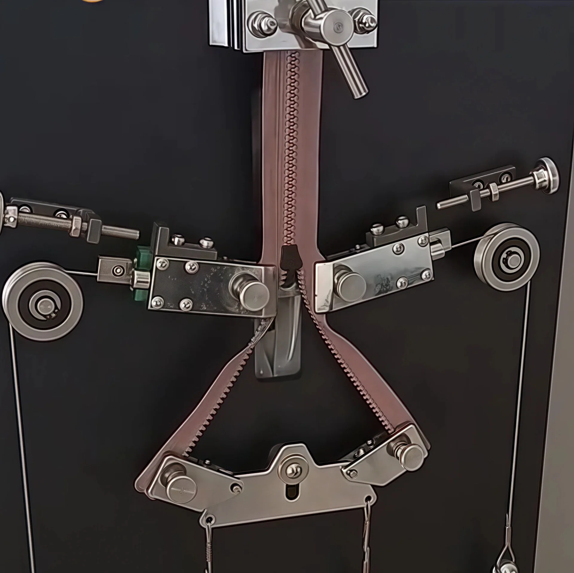 A detailed view of a zipper testing machine in a laboratory setting, featuring metal components and a pink zipper undergoing testing.